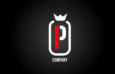 P alphabet letter logo for company and corporate in red black and white colors. Creative icon design with king crown. Can be used for a logotype or branding