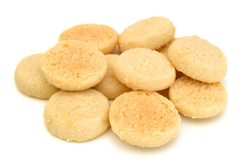 Freshly baked sugar cookies on white background