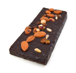 Chocolate with almonds , peanuts on white background