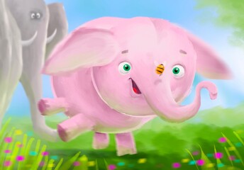Laughing pink baby elephant being amused by a bumble bee as an adult looks back disdainfully children’s illustration.