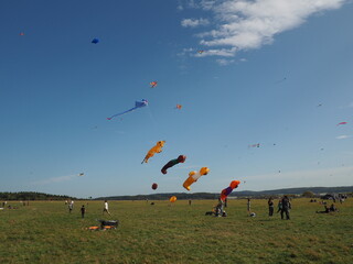 Fototapeta na wymiar Group Of People Flying Over Field Against Sky