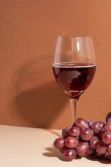 Macro shot of glass with red wine on beige background with shadow on the wall. Winery concept.