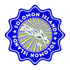 Solomon Islands round grunge stamp with country map and country flag. Vintage badge with circular text and stars, vector illustration.