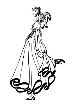 Beautiful Bride in white Wedding Dress with Veil. Hand-drawn Fashion Illustration for social media, wall art print designer, cover. Black ink lines art on white background