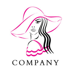 Vector Fashion and Beauty Logo - A Pretty Woman Wearing a Fashion Pink Hat and Dress. A Hand drawn, Elegant Logo for Beauty Salon, Boutique, Hair Dresser, Stylist, Fashion Designer, Make up Artist