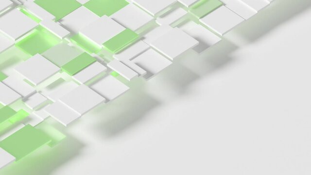 Elegant Dynamic Squares Loop 2 Green x White: grid of square and rectangle shapes moving gently up and down, on half of the screen. Empty copy space on the right. Mint green and white thin cubes. 
