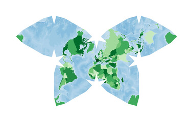 World Map. Steve Waterman's butterfly projection. World in green colors with blue ocean. Vector illustration.