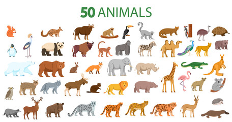 Set of forest animals bear, fox, wolf, elk, deer, hare, beaver, hedgehog, squirrel, wild boar.Flat cartoon illustration for kids.