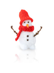 Isolated snowman in red hat and red scarf on white background