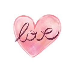 Watercolor pink hand-painted heart with lettering on white background. Symbol of St. Valentines day.
