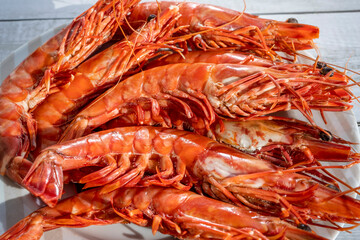 Close-up giant deep-sea shrimps gambas. Boiled prawns on white plate, top view, on wooden background.
