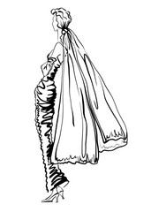 Bride in tight backless rushed Wedding Dress with Veil and long Gloves. Hand-drawn Fashion Illustration for social media, wall art print designer, cover. Black ink lines art on white backgr