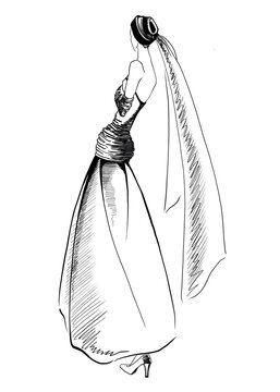 Beautiful Bride in backless Wedding Dress with Hat, Veil and long Gloves. Hand-drawn Fashion Illustration for social media, wall art print designer, cover. Black ink lines art on white background