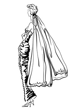 Bride in tight backless rushed Wedding Dress with Veil and long Gloves. Hand-drawn Fashion Illustration for social media, wall art print designer, cover. Black ink lines art on white backgr