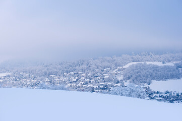 Wunderschöne Aufnahme eines verschneiten Dorfes im Schwarzwald