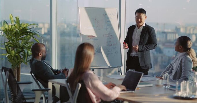 Young Chinese Leader Manager Talking to Colleagues on Business Meeting Discussing Future Strategy Company Plans for Successful Cooperation.