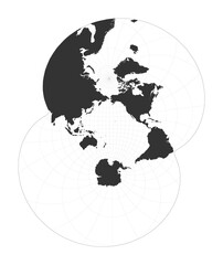 Map of The World. Modified stereographic projection for the Pacific ocean. Globe with latitude and longitude net. World map on meridians and parallels background. Vector illustration.