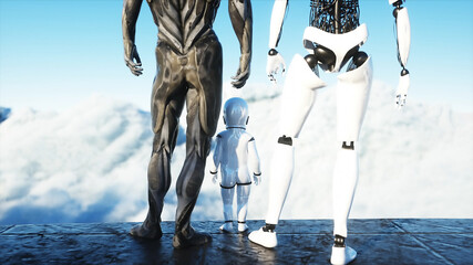 robotic family at a futuristic station in the clouds, against the backdrop of a flying city. Future family concept. 3d rendering.