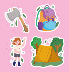 Obraz na płótnie Canvas camping, icons girl ax tent and backpack in cartoon style