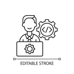 IT department linear icon. Computer network systems installation and maintenance. Thin line customizable illustration. Contour symbol. Vector isolated outline drawing. Editable stroke