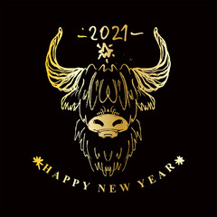 Year of the Ox 2021. Sketch Ox head. Chinese New Year 2021 Greeting Card. Pattern cow golden head vector illustratio of year of the Ox. Black background. 