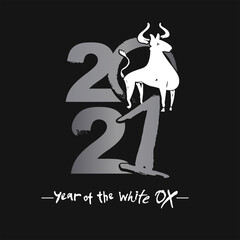 Vector sketch illustration. Year of the Ox 2021. Chinese New Year. Black background. Calligraphy card.