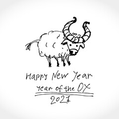 Vector sketch of an illustration in the style of a child's drawing. The ink blots. Year of the Ox 2021 in Chinese zodiac. Black illustration White bull symbol of the year 2021. 
