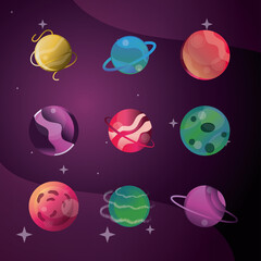 space planets solar system galaxy, icons set style