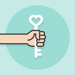 Hand holding key. Vector illustration, flat design