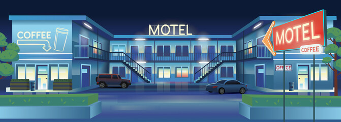 Vector cartoon illustration of night motel with cars  and coffee  bar.