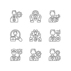 Organization structure linear icons set. IT department. Generating ideas. Advertisement. Human resource. Customizable thin line contour symbols. Isolated vector outline illustrations. Editable stroke