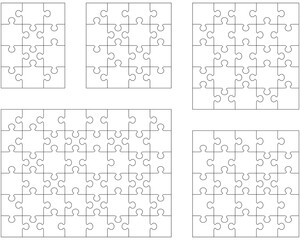 Illustration of five different white puzzles, separate pieces	