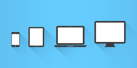Device Icons: smart phone, tablet, laptop and desktop computer. Flat design