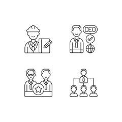 Organization hierarchy linear icons set. Supervisor. CEO. Directors board. Hierarchy in business. Customizable thin line contour symbols. Isolated vector outline illustrations. Editable stroke