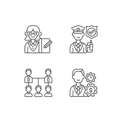 Corporation hierarchy linear icons set. Secretary. Service staff. Organic company structure. Customizable thin line contour symbols. Isolated vector outline illustrations. Editable stroke