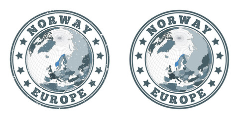 Norway round logos. Circular badges of country with map of Norway in world context. Plain and textured country stamps. Vector illustration.