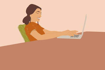 Woman working on laptop at home. Vector illustration in pastel tones