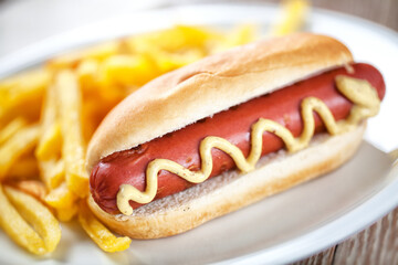 Hotdog with fries, sauce and french fries. High quality photo.