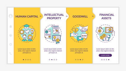 Intangible investment kinds onboarding vector template. Intellectual property. Human resources. Responsive mobile website with icons. Webpage walkthrough step screens. RGB color concept