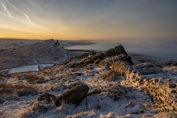 Winter sunrise cloud inversion, and snow at The Roaches, Staffordshire
