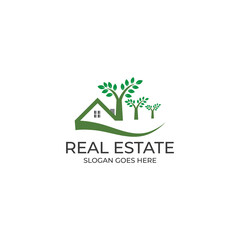 Real estate logo, house icon, property logo vector, green house