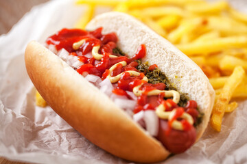 Hotdog with fries, sauce and french fries. High quality photo.