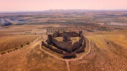 Aerial view of ruined medieval Almonacid Castle (Castillo de Almonacid), Castilla-La Mancha, Spain - obrazy, fototapety, plakaty