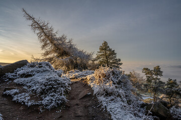 Winter sunrise cloud inversion, and snow at The Roaches, Staffordshire