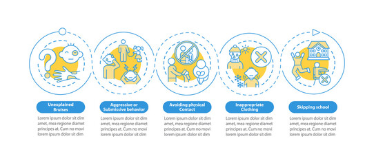 Domestic abuse symptoms vector infographic template. Parental neglect presentation design elements. Data visualization with 5 steps. Process timeline chart. Workflow layout with linear icons