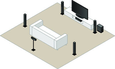 A 6.1 home theatre setup.With a subwoofer, centre speaker,rear centre speaker, 2 front speakers, and 2 side speakers.