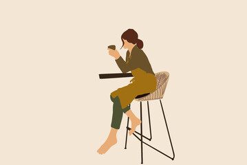 Woman sitting on the bar chair and drink a coffee. Vector illustration in pastel tones