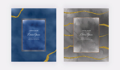 Dark blue and black watercolor cards with geometric frames and golden glitter lines