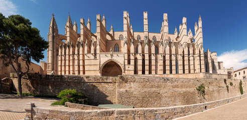 Front view of the famous La Seu Cathedral in Palma de Mallorca capital on a sunny day, on Balearic island of Spain