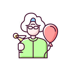 Retirement party RGB color icon. Retiree with drink and balloon. Birthday anniversary celebration for senior woman. Elderly person congratulation. Cheers to grandmother. Isolated vector illustration